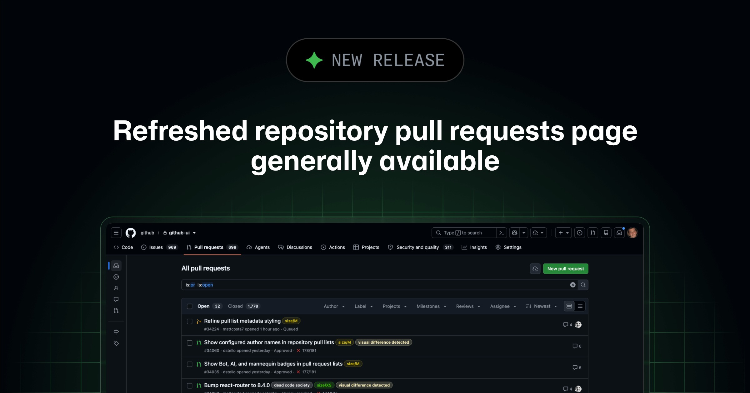 GitHub PR page GA with bulk actions