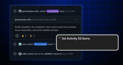 A GitHub issue timeline in dark mode with label, comment, and milestone events, overlaid by a VoiceOver caption box that reads "list Activity 53 items."