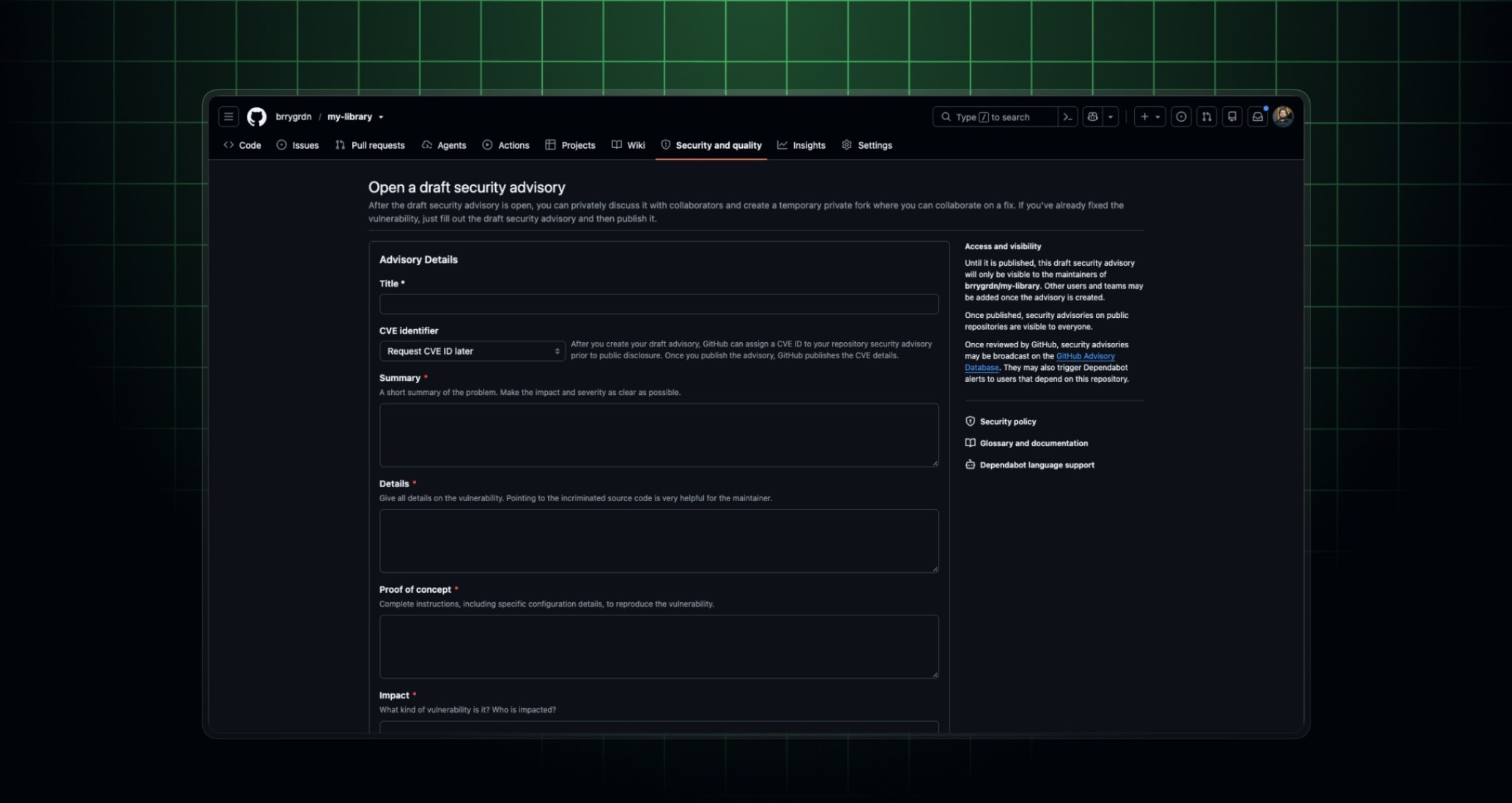 GitHub’s Open a draft security advisory form with structured fields for title, CVE identifier, summary, details, proof of concept, and impact.