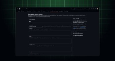 GitHub’s Open a draft security advisory form with structured fields for title, CVE identifier, summary, details, proof of concept, and impact.