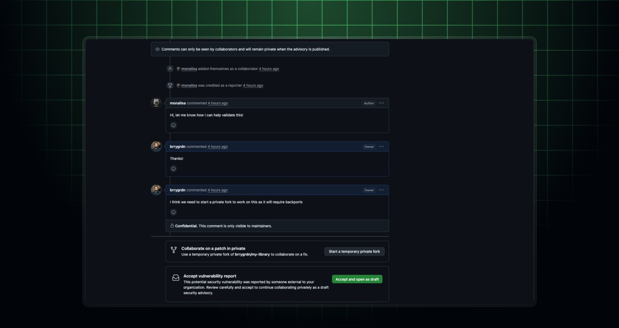 GitHub private vulnerability report and draft repository security advisory with confidential comments enabled.