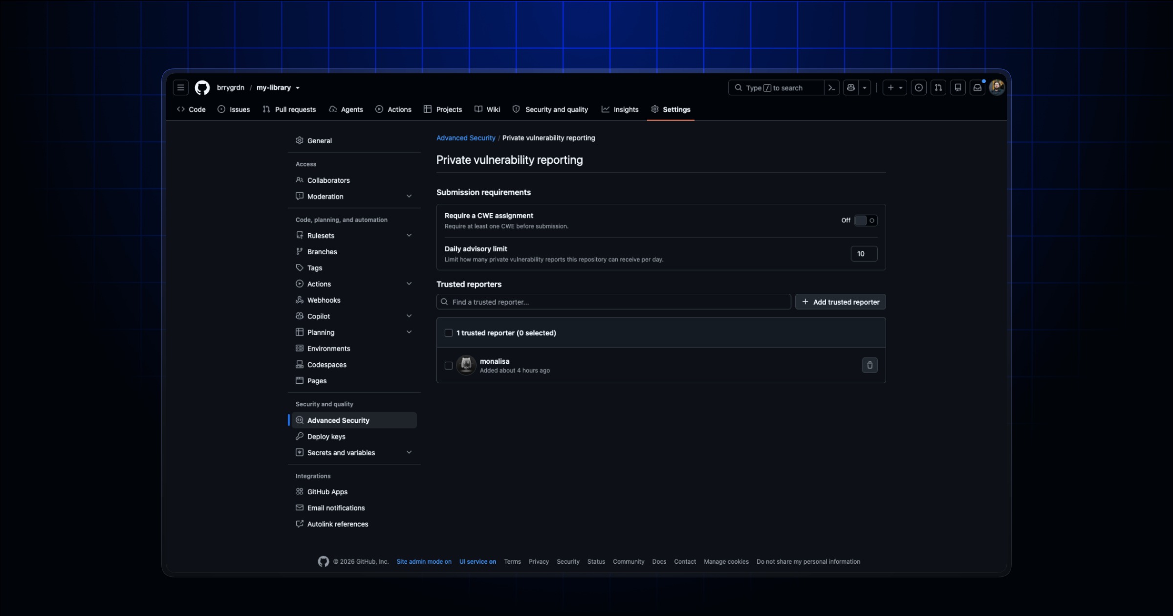 GitHub changelog header for the private vulnerability reports update