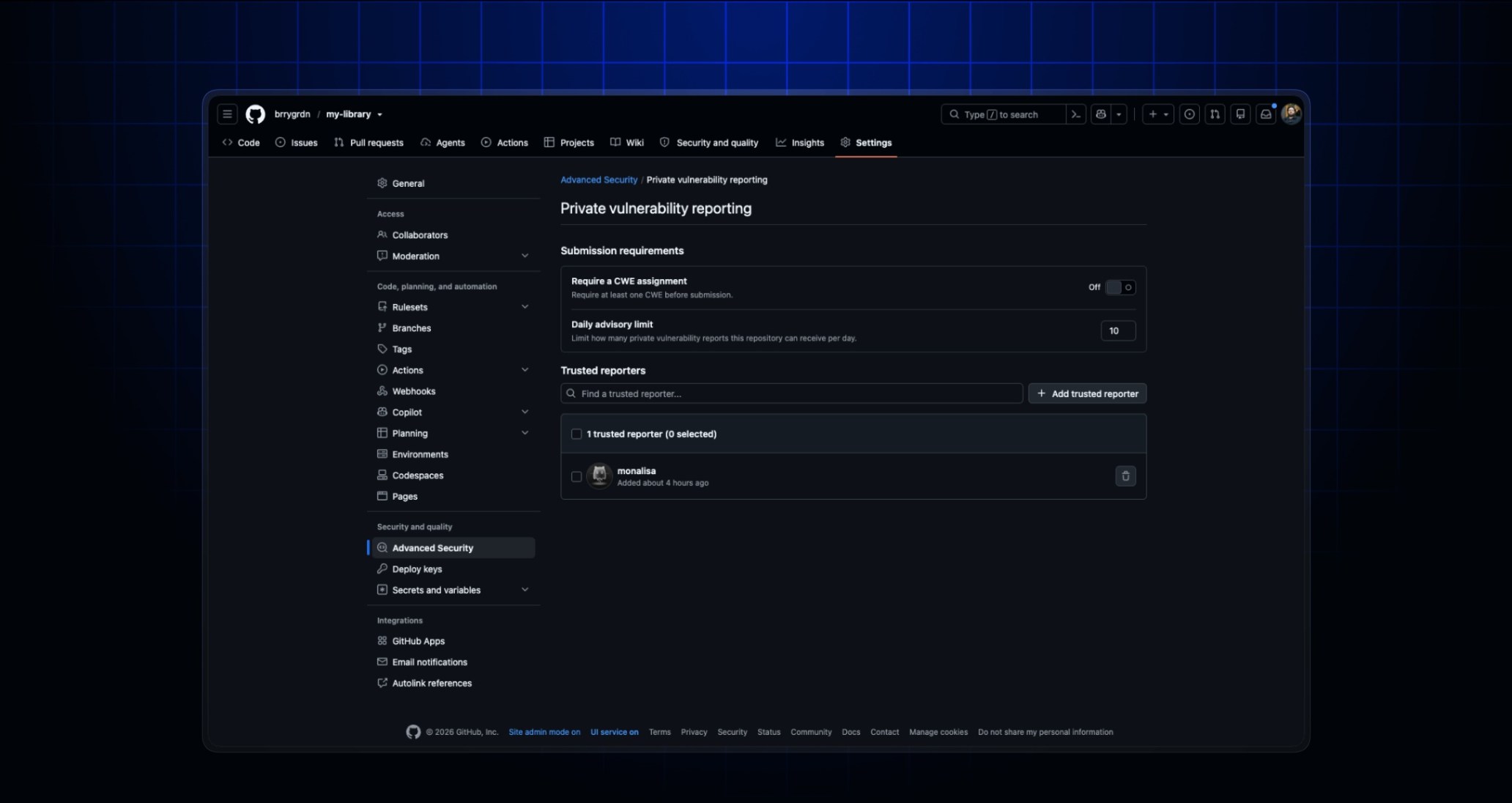 GitHub private vulnerability reporting settings with options to require a CWE assignment, set a daily advisory limit, and manage trusted reporters.