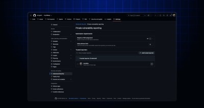 GitHub private vulnerability reporting settings with options to require a CWE assignment, set a daily advisory limit, and manage trusted reporters.