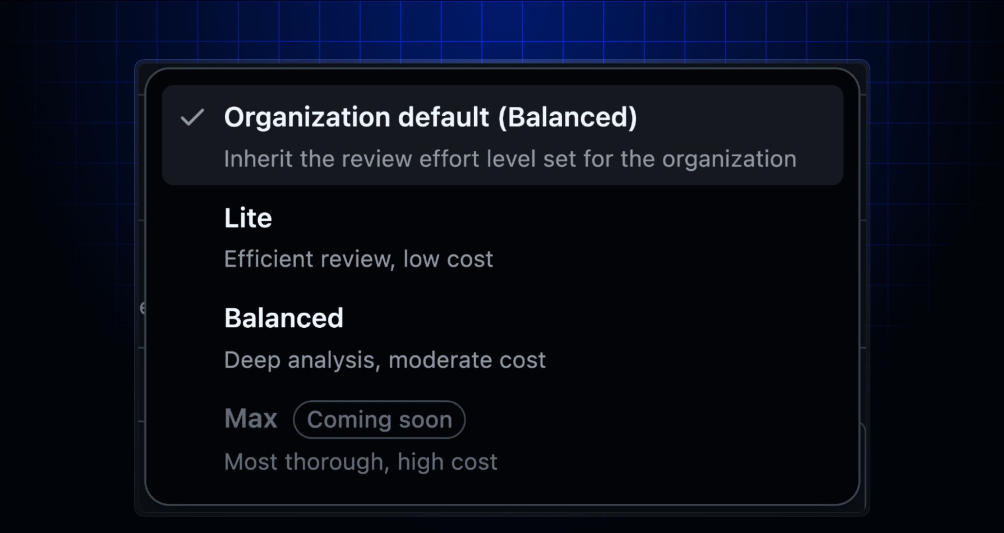 screenshot of Balanced review effort level default selected in settings