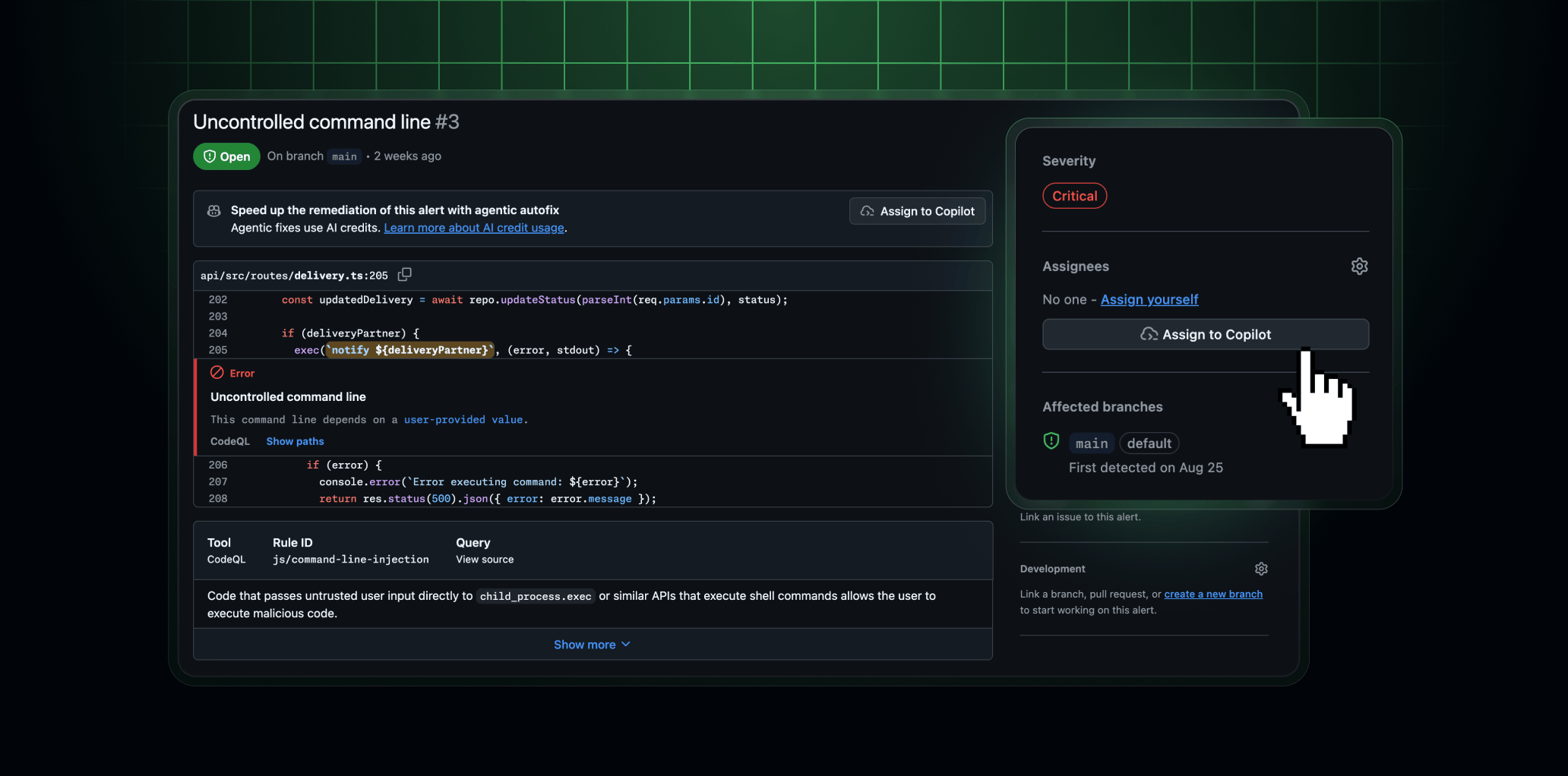 A view of a code scanning alert with the title "Uncontrolled command line" in large text at the top. A cursor hovers over an "Assign to Copilot" button in the Assignees section.
