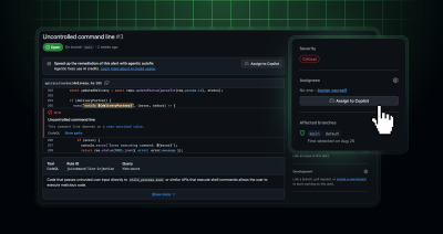 A view of a code scanning alert with the title "Uncontrolled command line" in large text at the top. A cursor hovers over an "Assign to Copilot" button in the Assignees section.