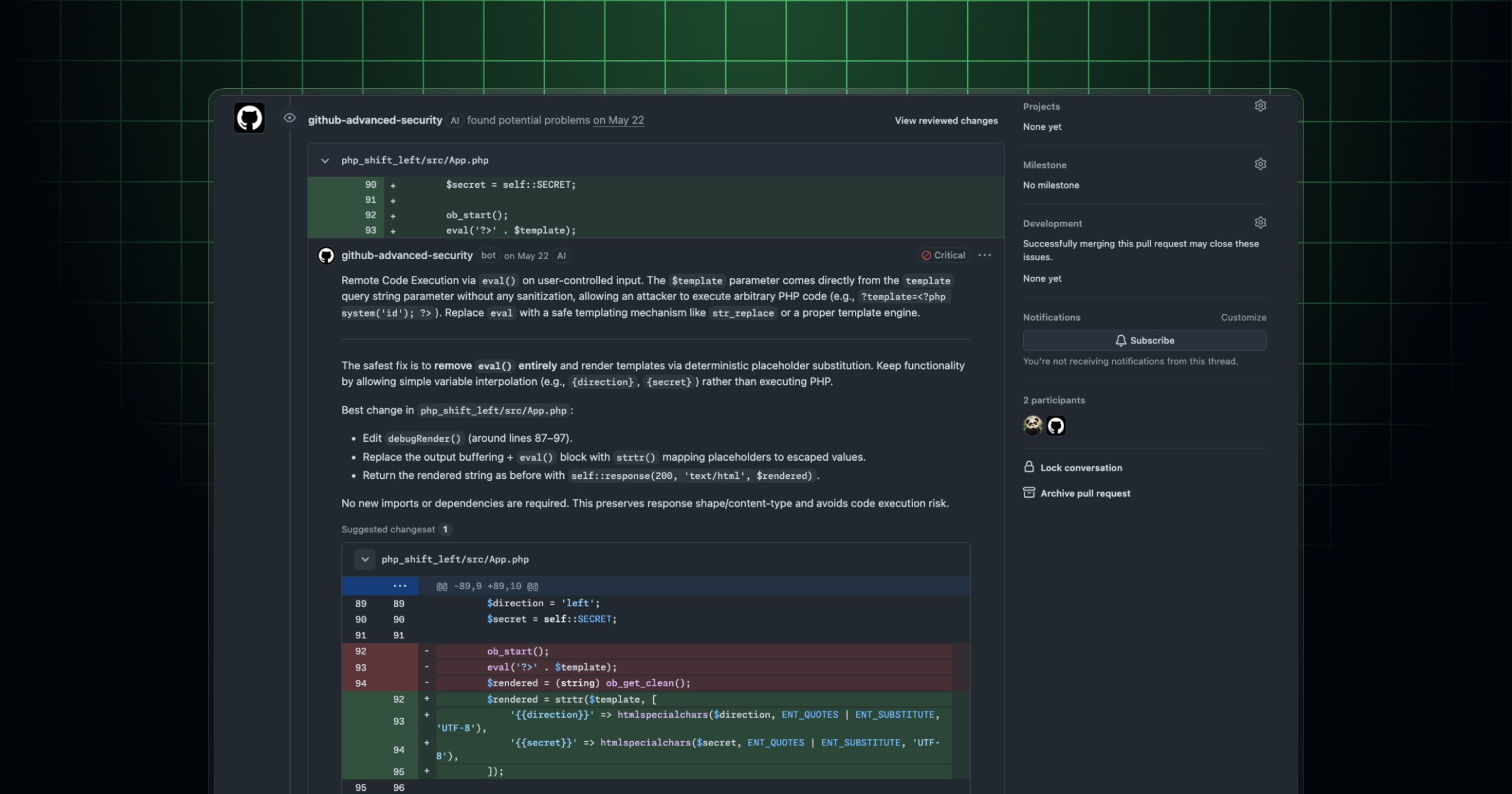 GitHub code scanning security alert interface showing an AI-generated finding on a pull request