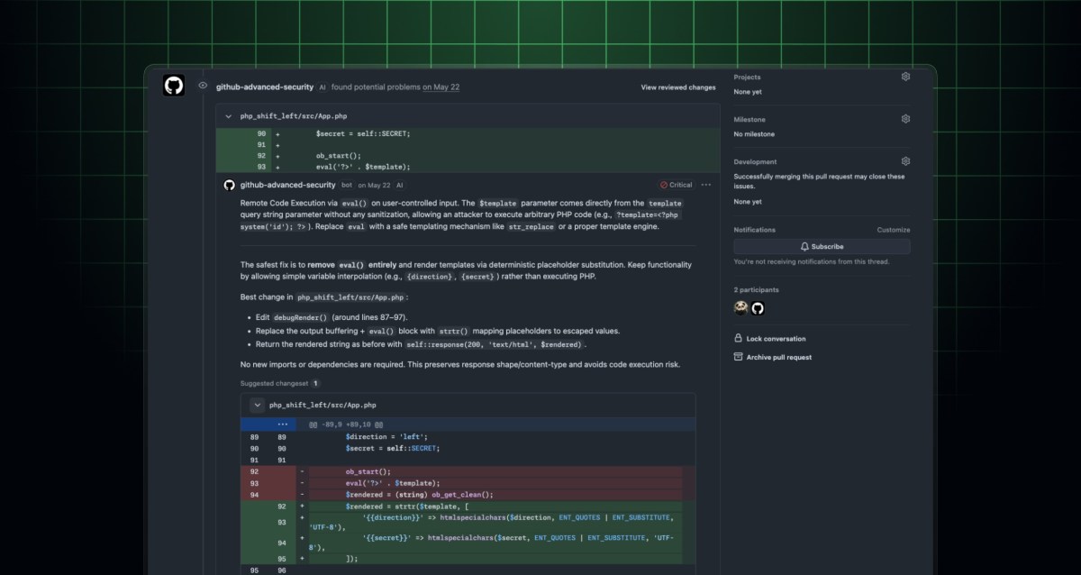 Captura de um pull request no GitHub com um alerta de vulnerabilidade em PHP identificado pelo AI Scan.