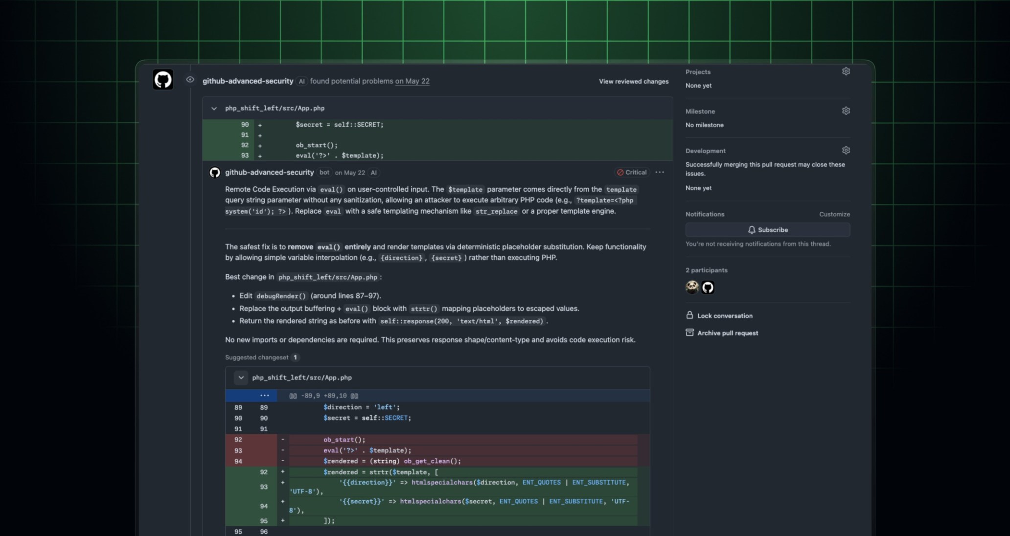 A GitHub pull request in dark mode shows GitHub Advanced Security identifying a critical vulnerability in PHP code and suggesting a safe fix