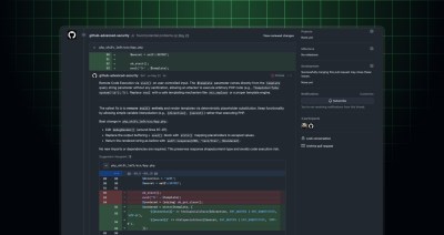 A GitHub pull request in dark mode shows GitHub Advanced Security identifying a critical vulnerability in PHP code and suggesting a safe fix