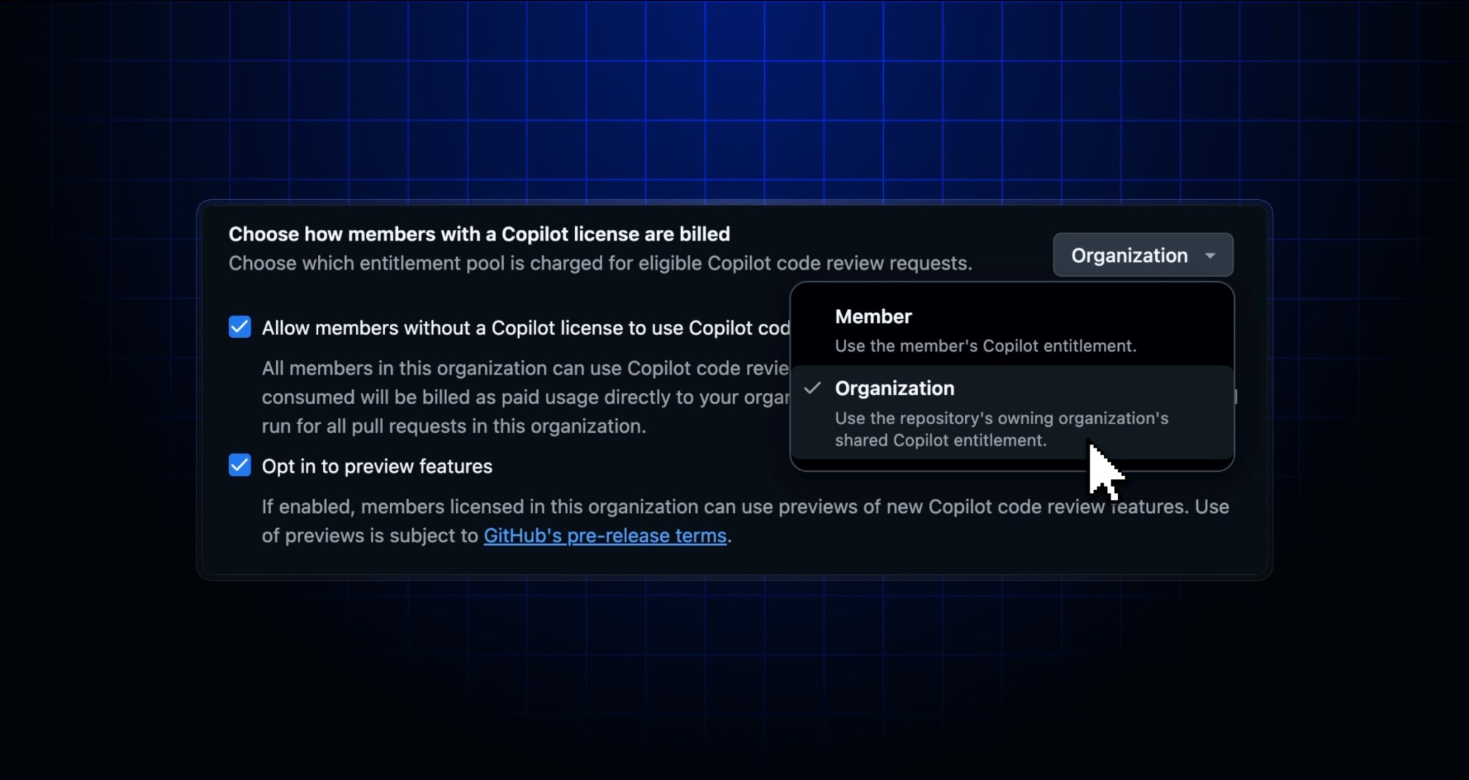 screenshot of direct organization billing setting