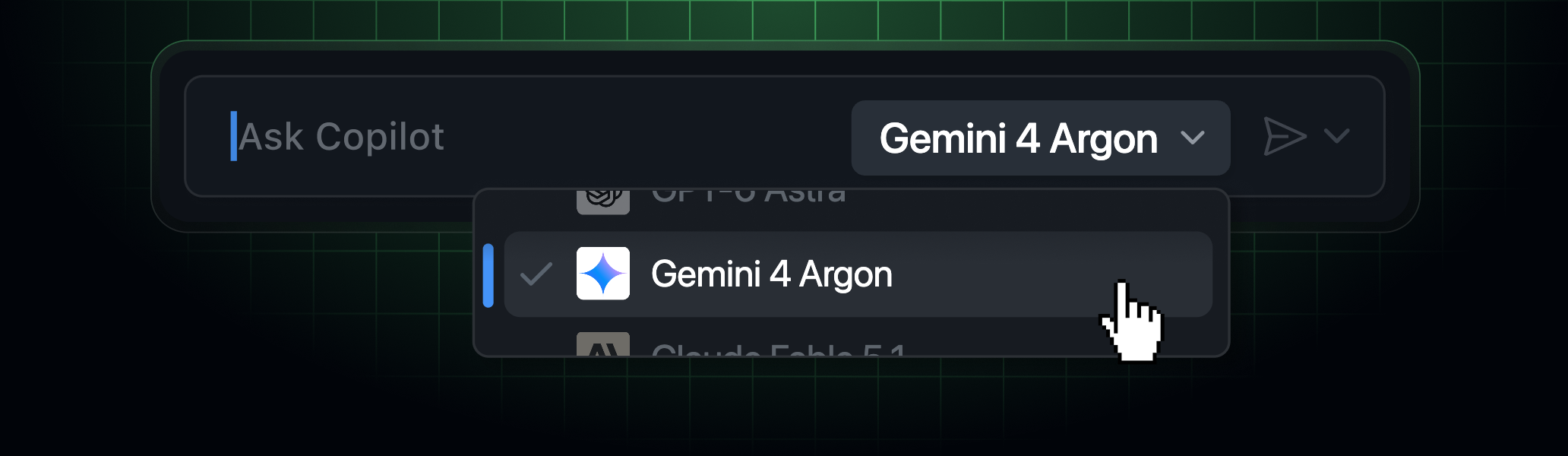 The GitHub Copilot model picker showing Gemini 4 Argon as a selectable model