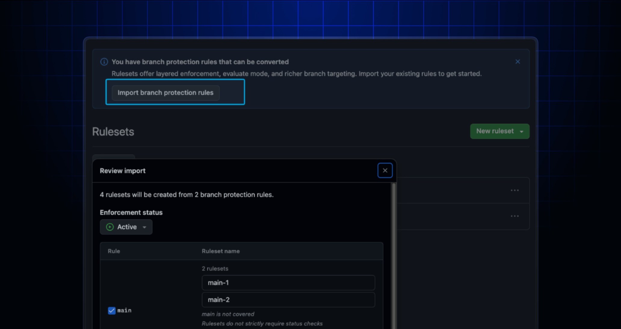 GitHub Rulesets page with Import branch protection rules highlighted and a Review import dialog indicating four rulesets will be created from two branch protection rules, with enforcement set to Active.