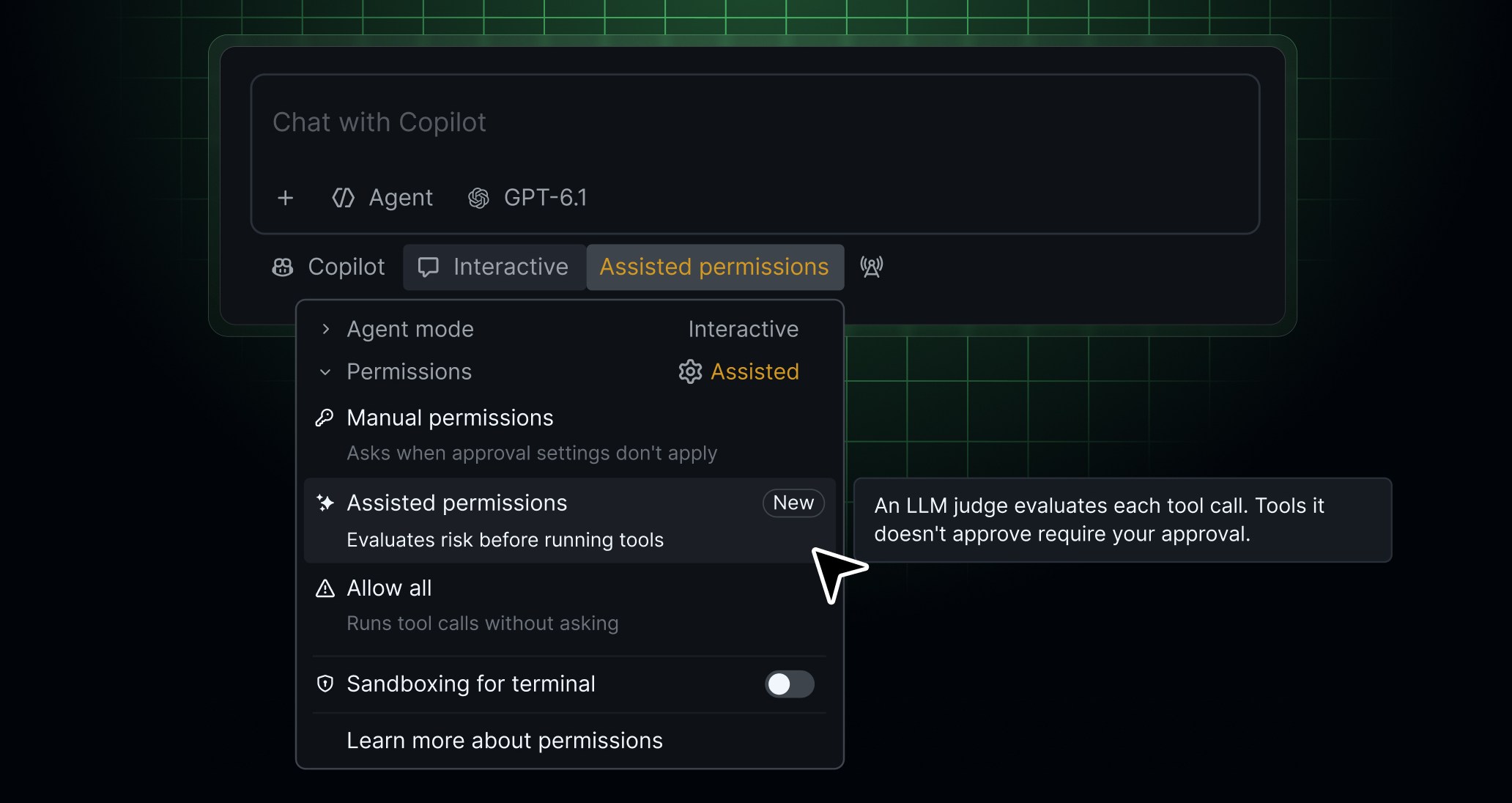Chat in GitHub Copilot in VS Code showing Assisted permissions selected out of the different permission modes including manual permissions and allow all. This on top of a green grid background.