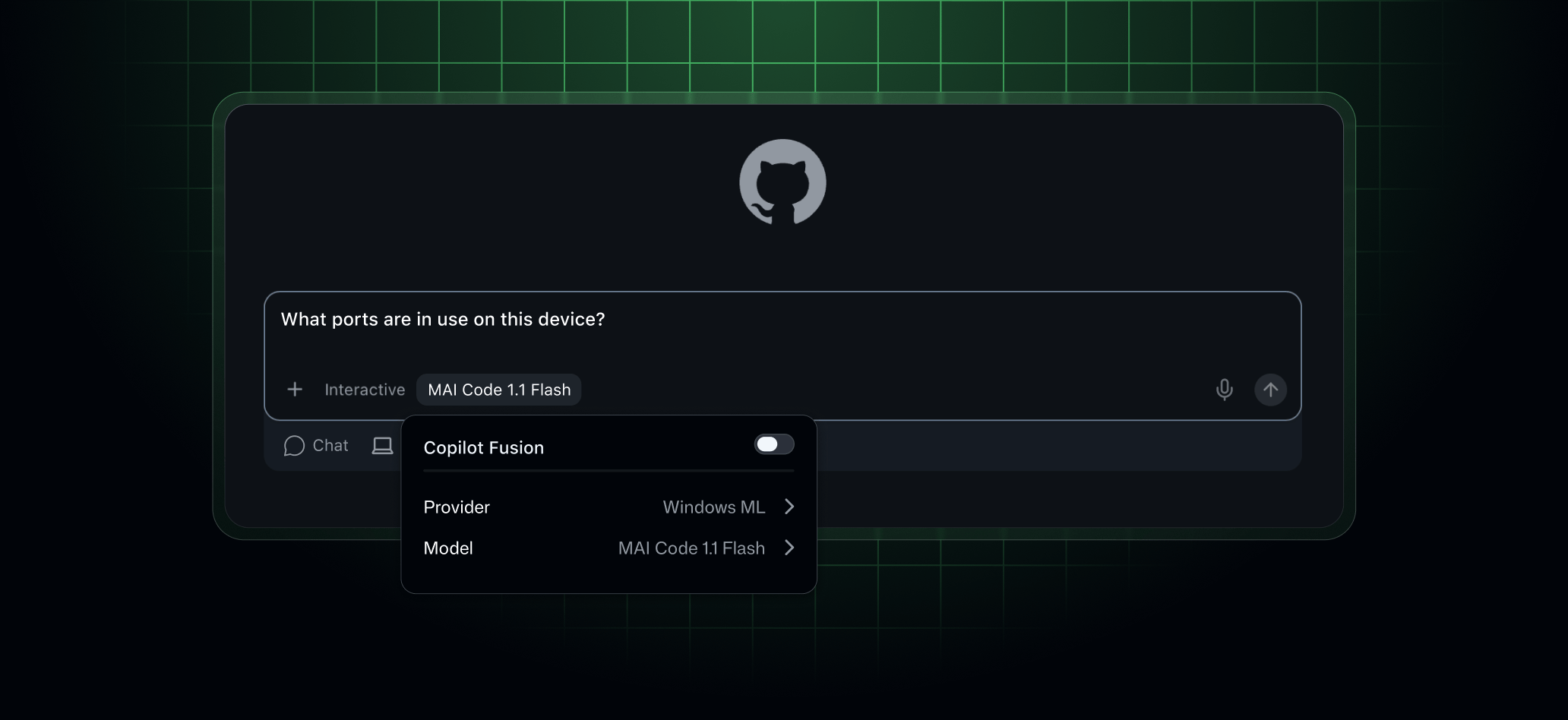 Chat in Copilot app showing the Copilot Fusion toggle, provider set to Windows ML, and model selected as MAI Code 1.1 Flash