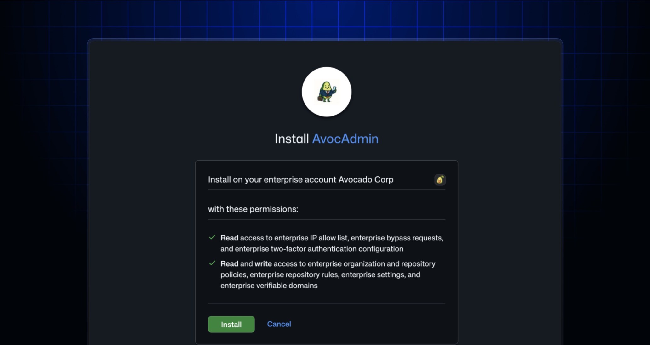 A GitHub App installation page, asking if the admin wants to install the app with access to enterprise IP allowlists, access restrictions, org, repo, and enterprise settings, rulesets, bypass requests, and verified domains