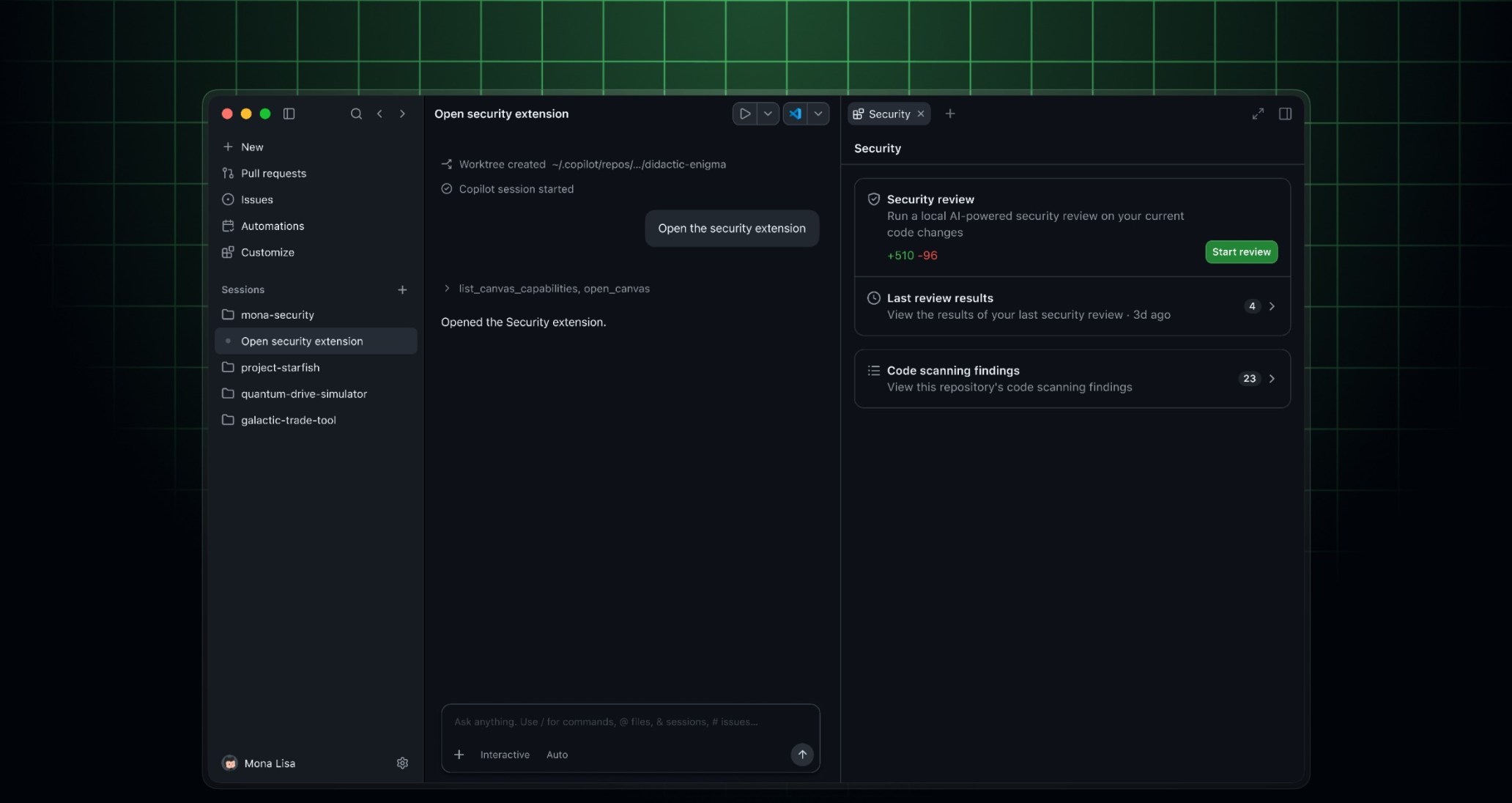 The Security extension in the GitHub Copilot app next to a Copilot session, with a canvas showing options to start a security review and view code scanning findings