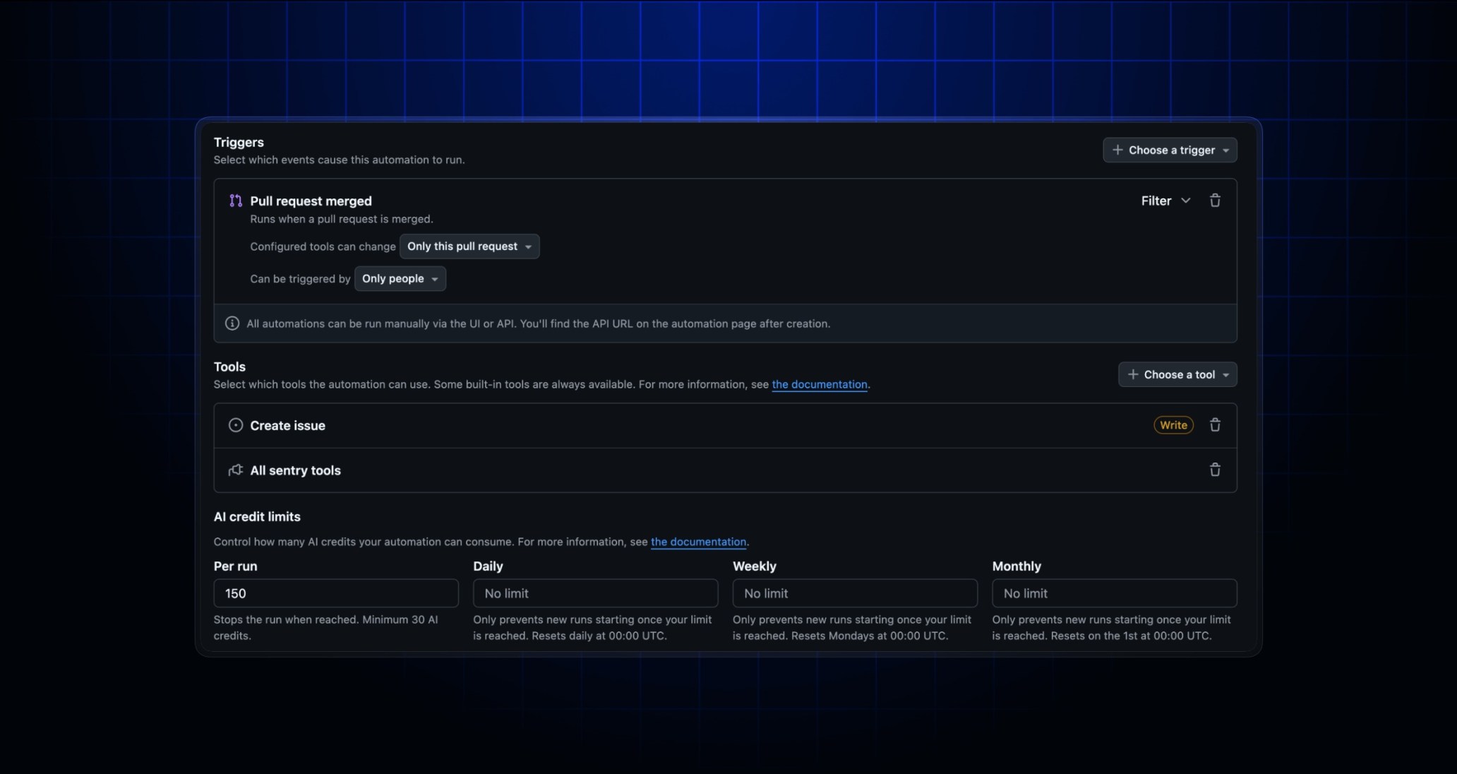 Screenshot showing the tools, triggers and AI credit limits sections of the form for creating automations