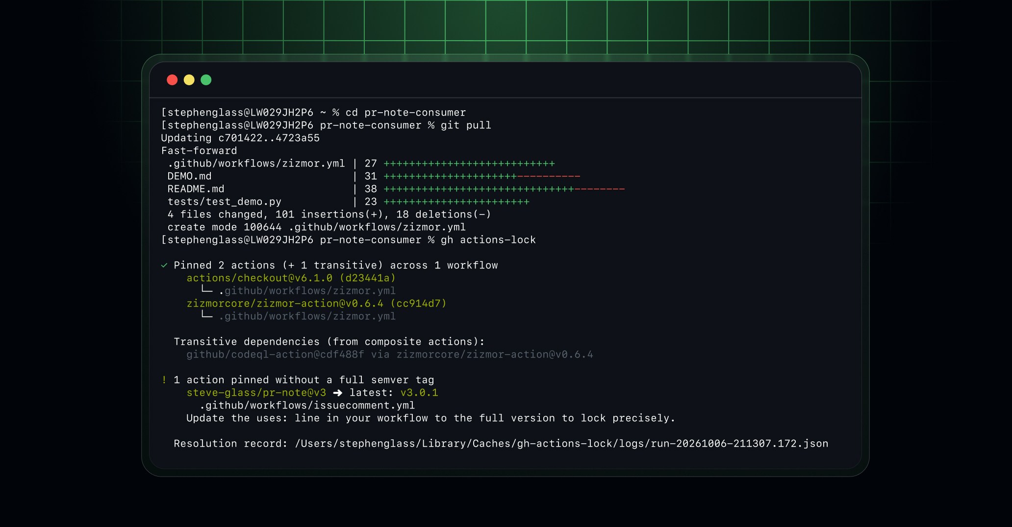 Terminal showing gh actions-lock pinning GitHub Actions dependencies, including a transitive dependency.