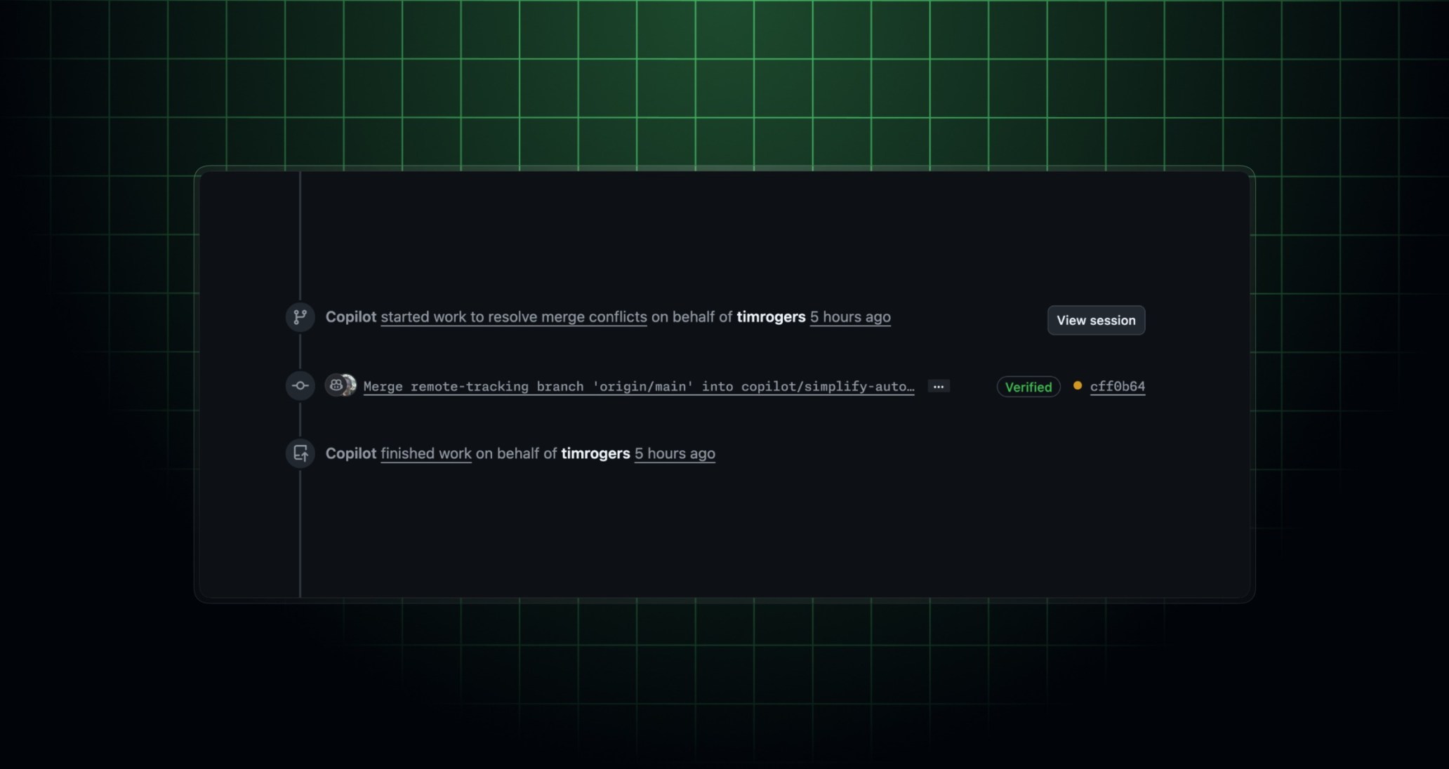 Header image with a screenshot of a pull request timeline where Copilot has automatically resolved merge conflicts