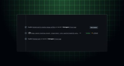 Header image with a screenshot of a pull request timeline where Copilot has automatically resolved merge conflicts