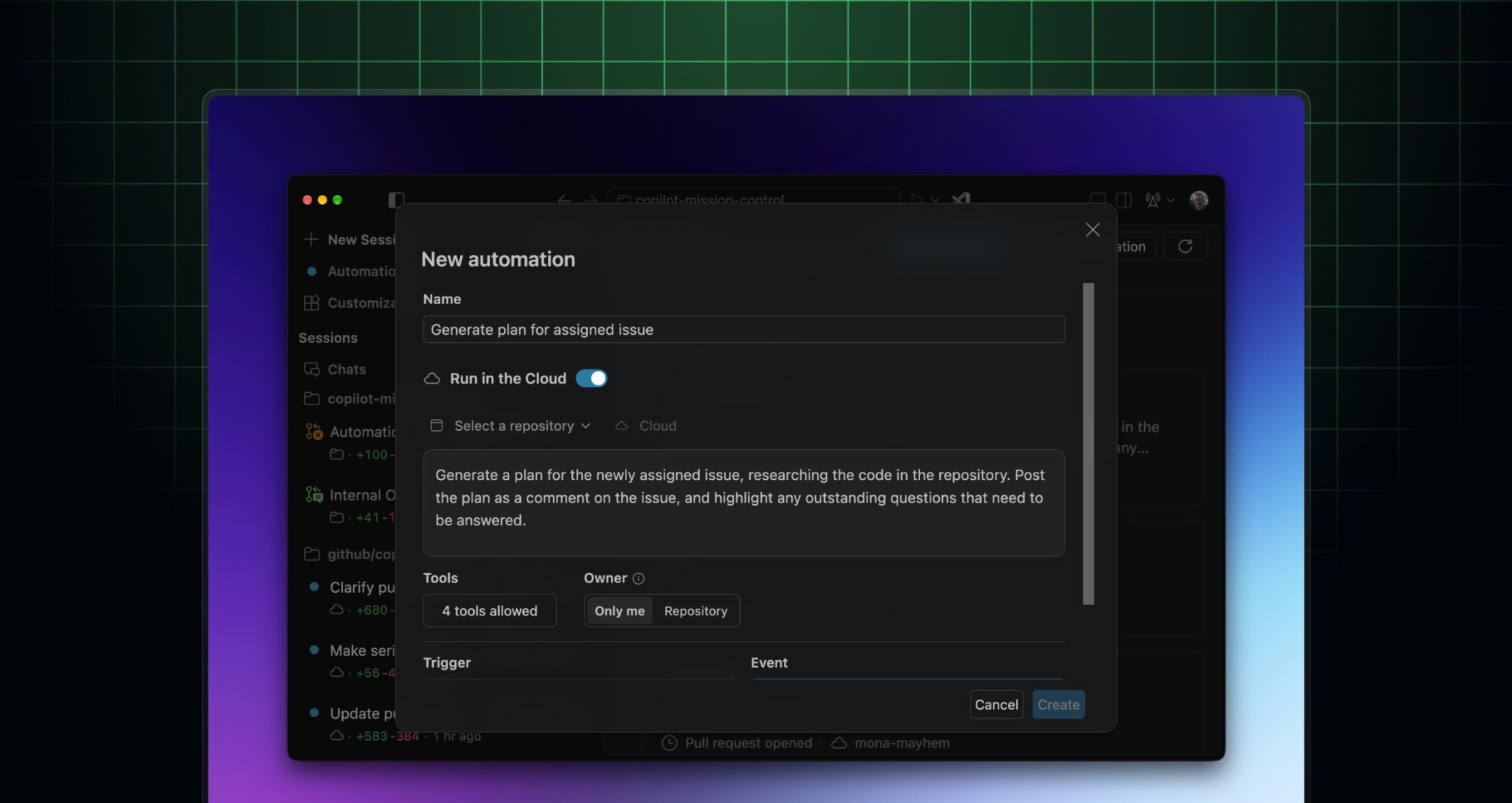 Header image with a screenshot of the "Create automation" UI in Visual Studio Code