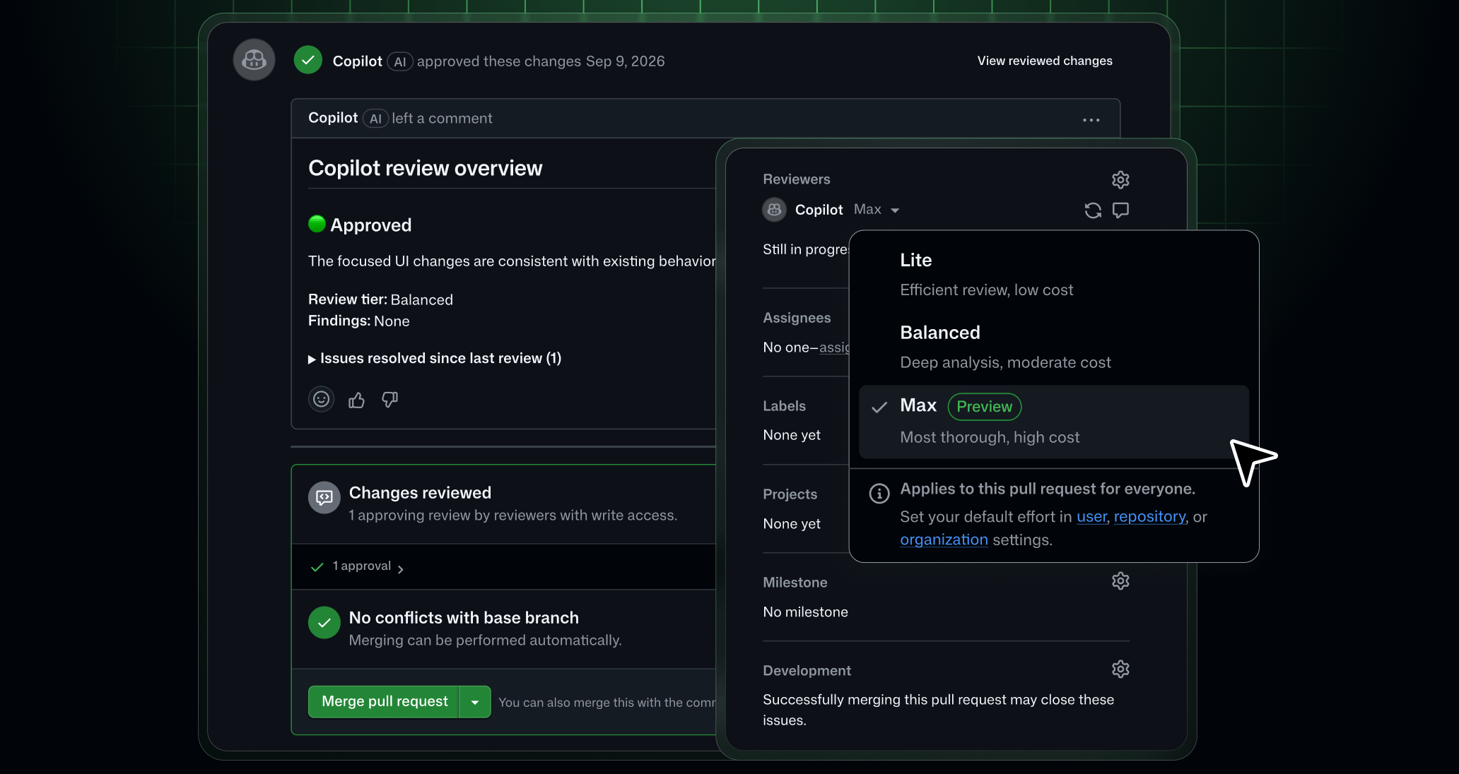 A comment indicating Copilot review approved the pull request with an overlay showing Copilot as one of the reviewers. A drop down menu is open showing the possible review levels including Lite, Balanced, and Max