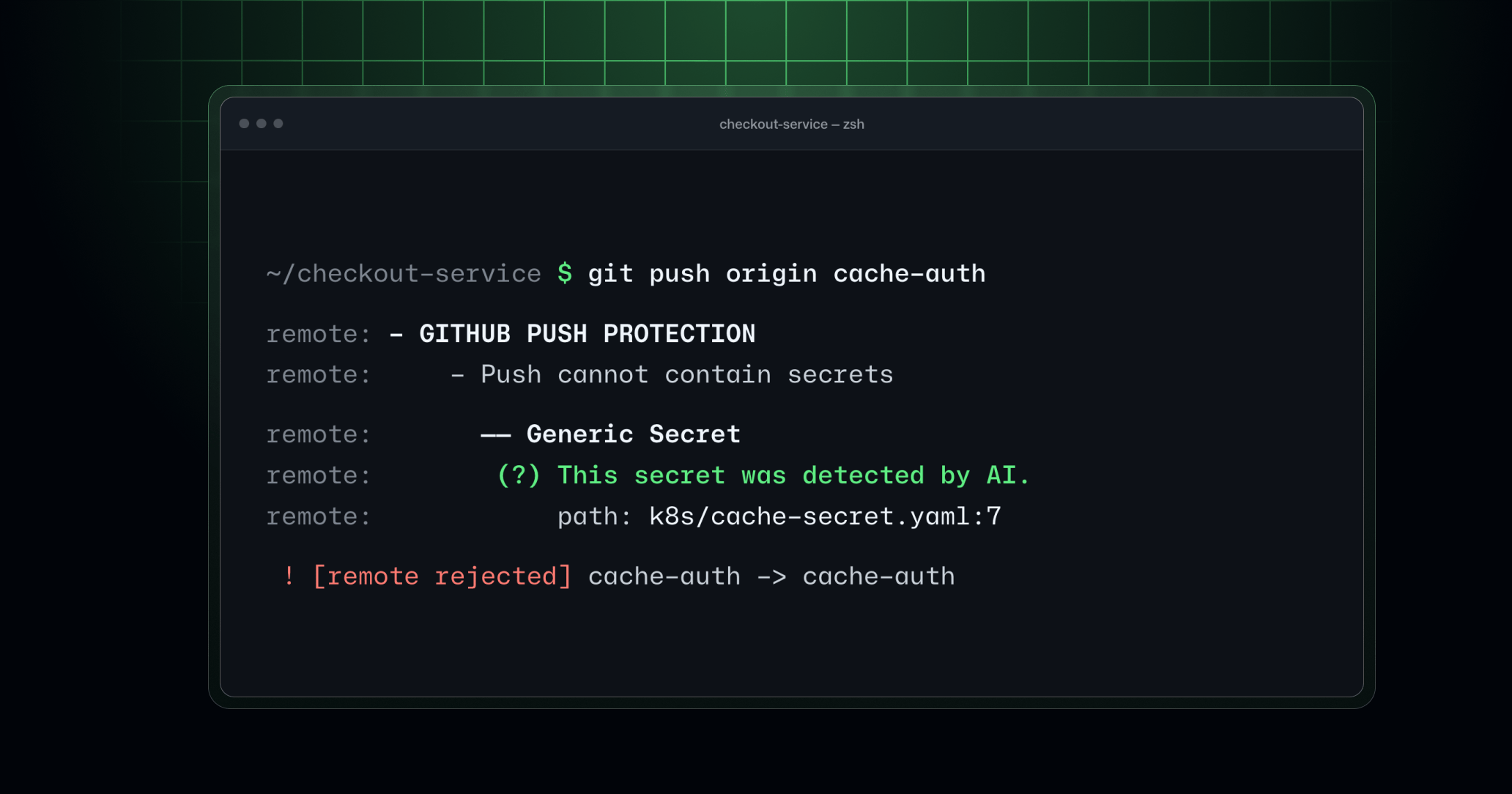 GitHub push protection rejecting a push with an AI-detected generic secret.