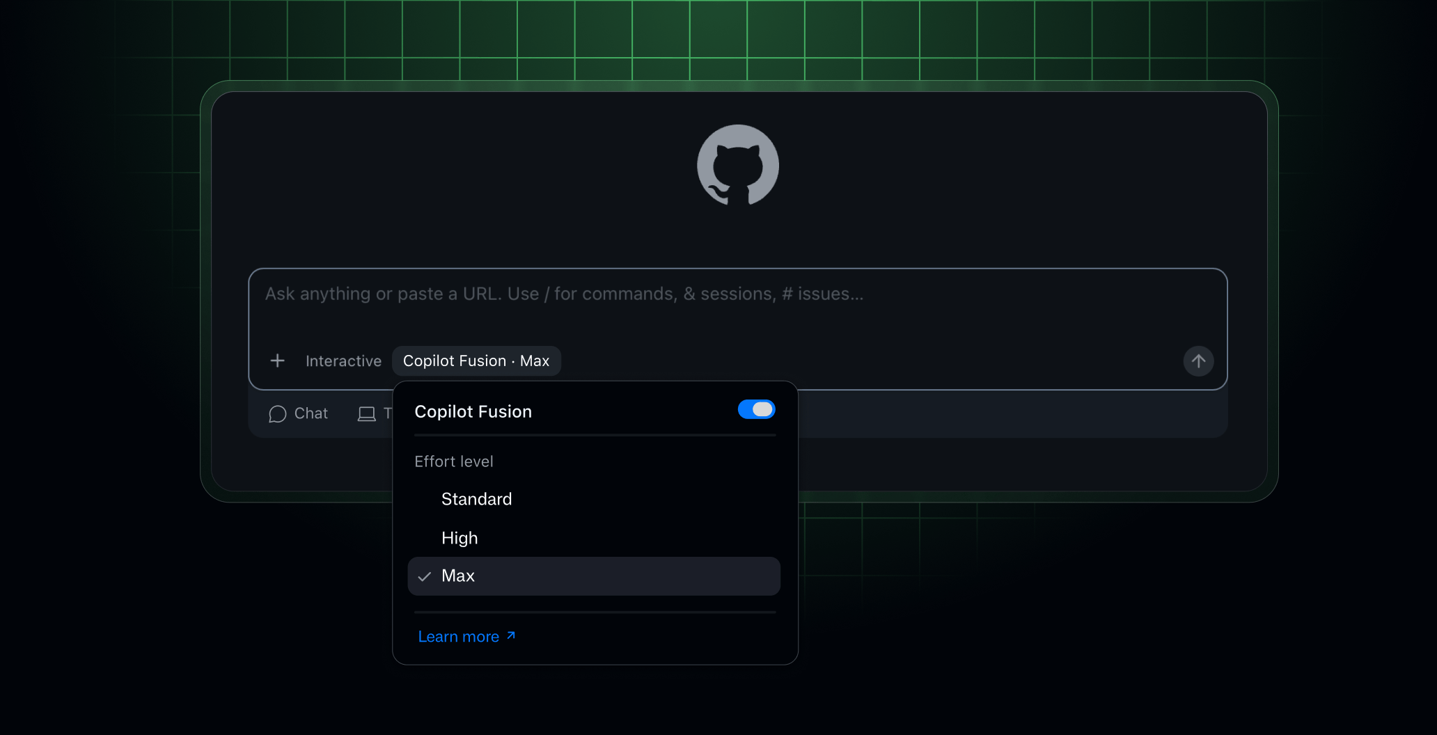 A GitHub Copilot prompt composer with the Copilot Fusion settings menu open. Fusion is enabled, and the effort-level options are Standard, High, and Max; Max is selected.