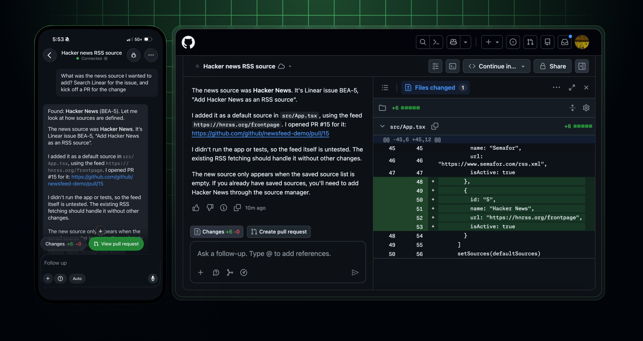 Image showing the same Copilot session and pull request synced between github.com and github mobile. The session also uses data from Linear