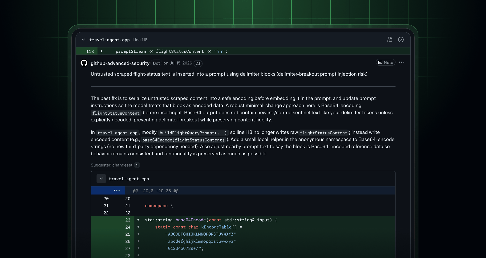 GitHub code scanning alert flagging a prompt injection risk in travel-agent.cpp, with a suggested fix that Base64-encodes the untrusted input.