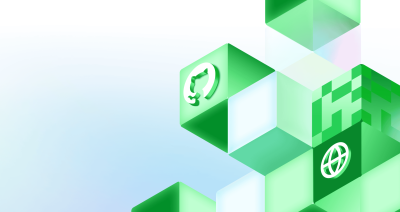Geometric blocks featuring the GitHub invertocat logo and a web icon in a decorative background.